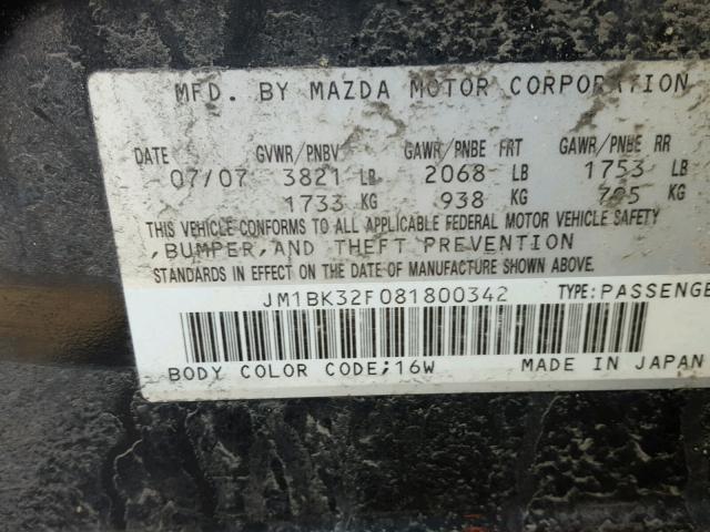 JM1BK32F081800342 - 2008 MAZDA 3 I BLACK photo 10