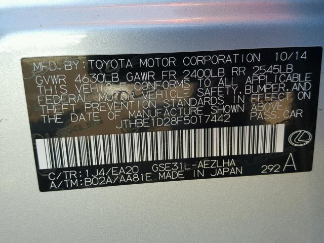 JTHBE1D28F5017442 - 2015 LEXUS IS 350 SILVER photo 10