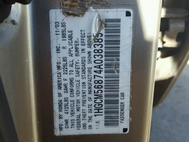 1HGCM56874A038385 - 2004 HONDA ACCORD EX GOLD photo 10