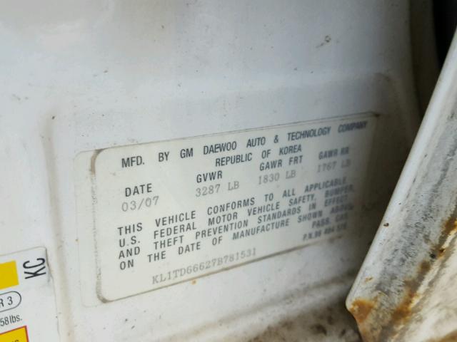 KL1TD66627B781531 - 2007 CHEVROLET AVEO BASE Beyaz fotoğraf 10