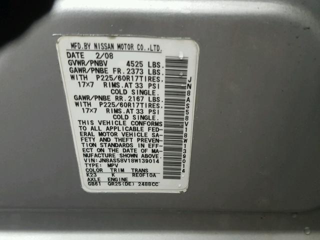 JN8AS58V18W139014 - 2008 NISSAN ROGUE S SILVER photo 10