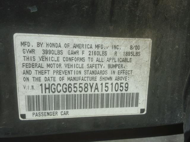 1HGCG6558YA151059 - 2000 HONDA ACCORD LX BLACK photo 10