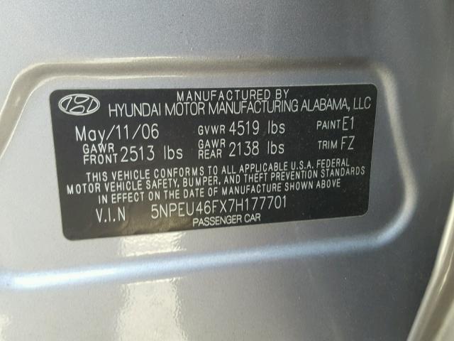 5NPEU46FX7H177701 - 2007 HYUNDAI SONATA SE SILVER photo 10