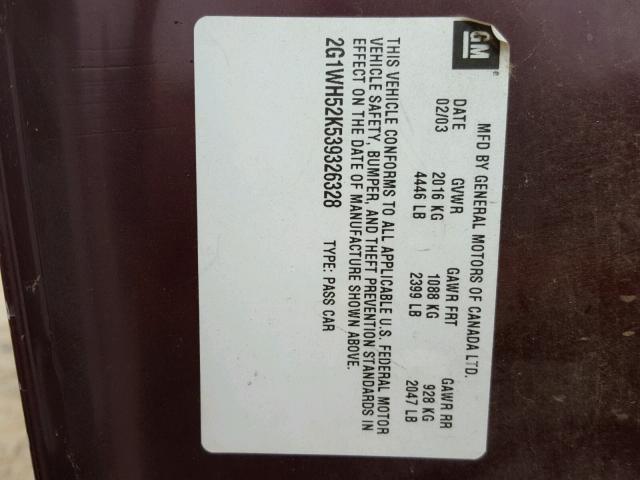 2G1WH52K539326328 - 2003 CHEVROLET IMPALA LS MAROON photo 10