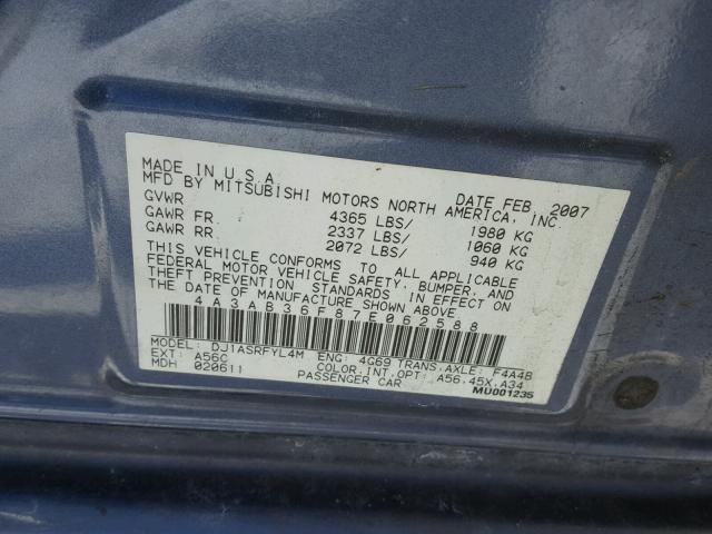 4A3AB36F87E062588 - 2007 MITSUBISHI GALANT ES BLUE photo 10