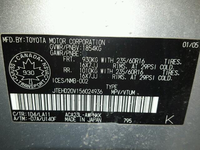 JTEHD20V156024936 - 2005 TOYOTA RAV4 SILVER photo 10