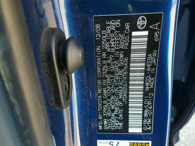 JTDKB20U197876436 - 2009 TOYOTA PRIUS BLUE photo 10