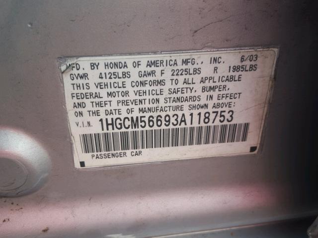 1HGCM56693A118753 - 2003 HONDA ACCORD EX SILVER photo 10