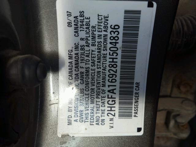 2HGFA16928H504836 - 2008 HONDA CIVIC EXL SILVER photo 10