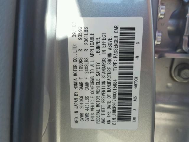 JHMCP26768C015684 - 2008 HONDA ACCORD EX SILVER photo 10