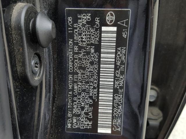 JTDBL40E899087495 - 2009 TOYOTA COROLLA BA BLACK photo 10