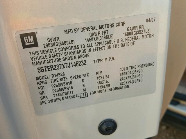 5GZER237X7J146232 - 2007 SATURN OUTLOOK XR ოქროსფერი ფოტო 10