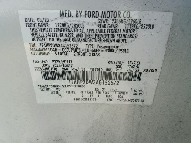 1FAHP2DW3AG152572 - 2010 FORD TAURUS SE WHITE photo 10