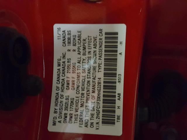 2HGFC1F3XHH632814 - 2017 HONDA CIVIC EX წითელი ფოტო 10