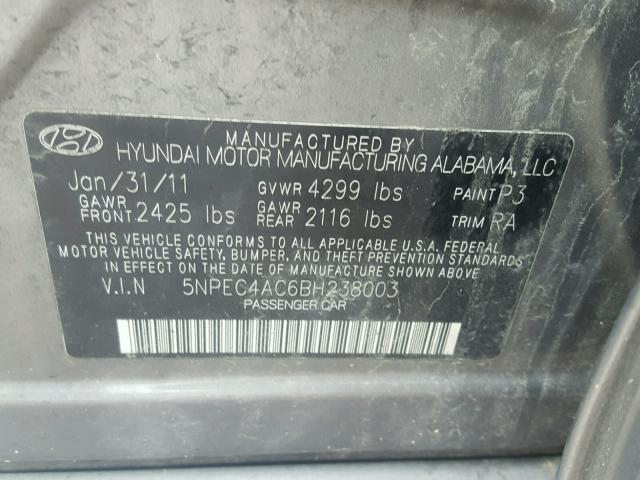 5NPEC4AC6BH238003 - 2011 HYUNDAI SONATA SE SILVER photo 10