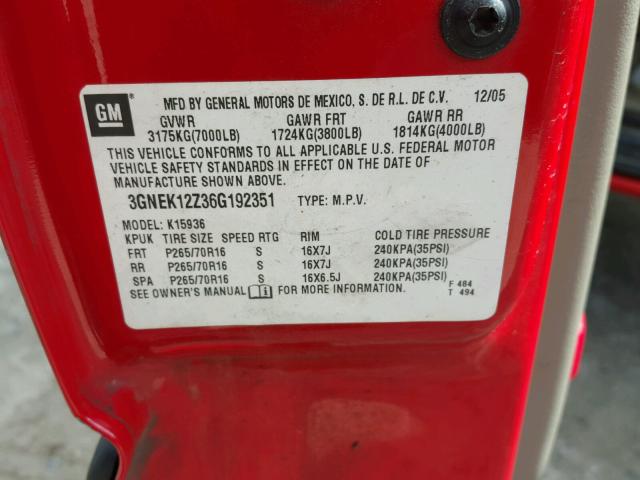 3GNEK12Z36G192351 - 2006 CHEVROLET AVALANCHE RED photo 10