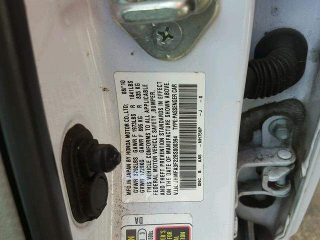 JHMFA3F22BS000394 - 2011 HONDA CIVIC HYBR WHITE photo 10