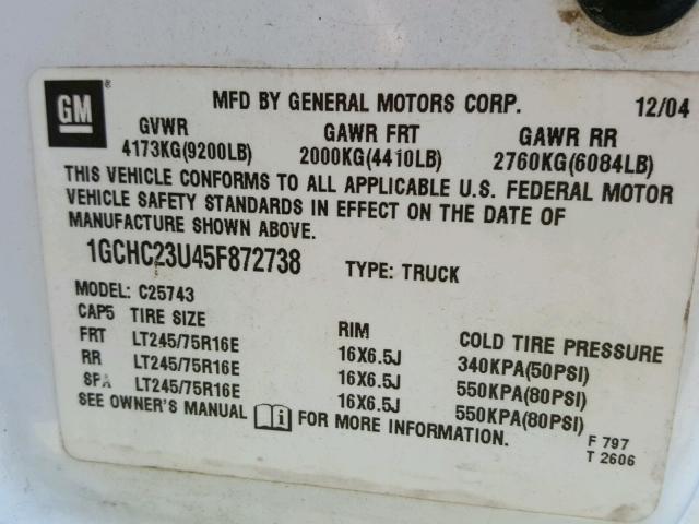 1GCHC23U45F872738 - 2005 CHEVROLET SILVERADO WHITE photo 10