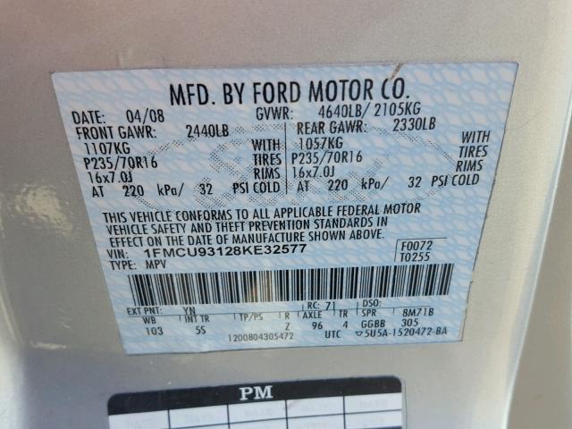 1FMCU93128KE32577 - 2008 FORD ESCAPE XLT SILVER photo 10