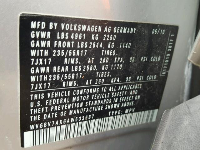 WVGBV7AX6AW533687 - 2010 VOLKSWAGEN TIGUAN SE SILVER photo 10