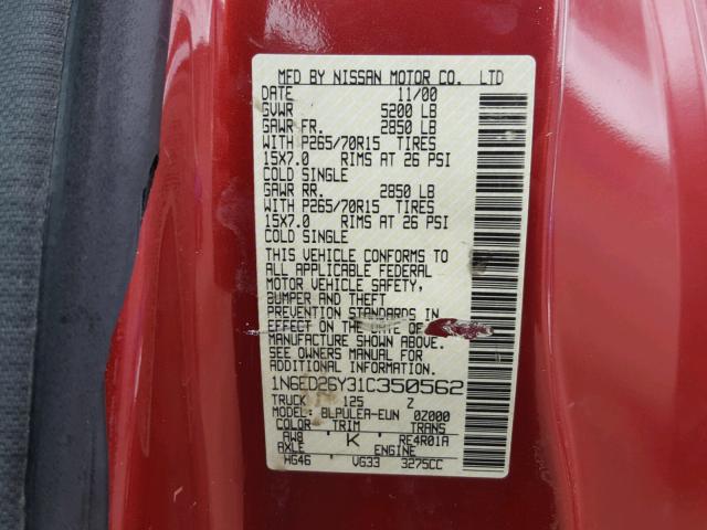 1N6ED26Y31C350562 - 2001 NISSAN FRONTIER K RED photo 10