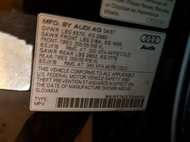 WA1AY74LX7D099286 - 2007 AUDI Q7 3.6 QUA BLACK photo 10