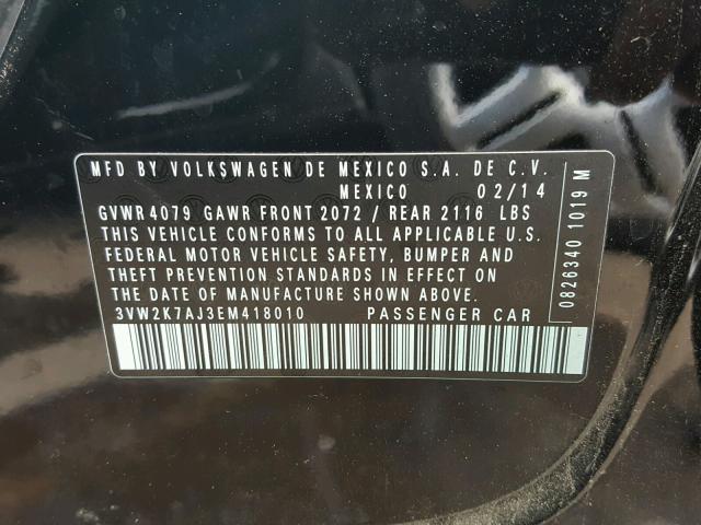 3VW2K7AJ3EM418010 - 2014 VOLKSWAGEN JETTA BASE 黑色 照片 10