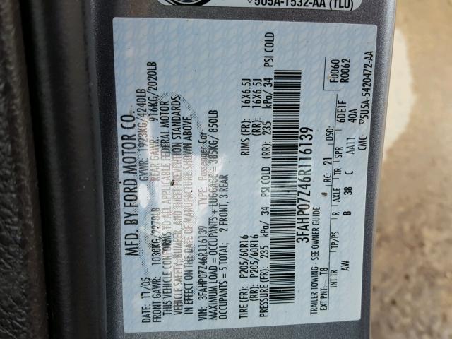 3FAHP07Z46R116139 - 2006 FORD FUSION SE GRAY photo 10