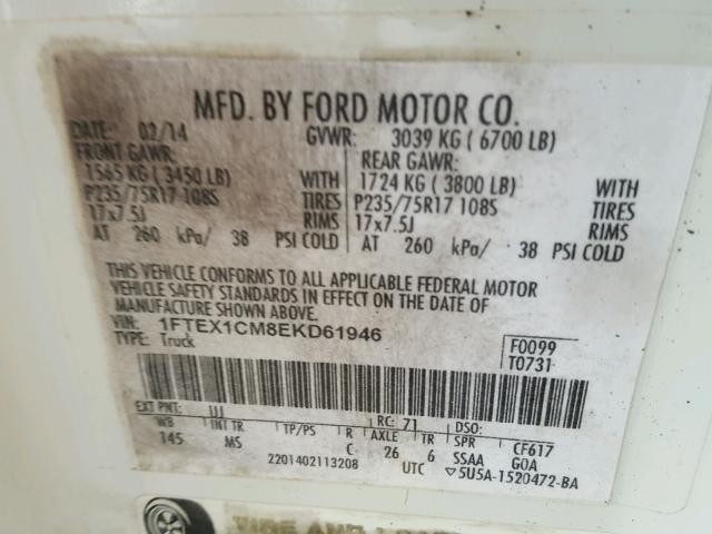 1FTEX1CM8EKD61946 - 2014 FORD F150 SUPER WHITE photo 10