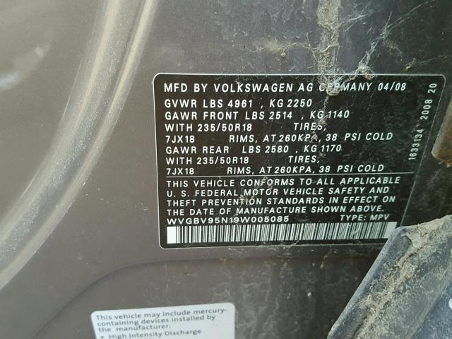 WVGBV95N19W005085 - 2009 VOLKSWAGEN TIGUAN SE GRAY photo 10