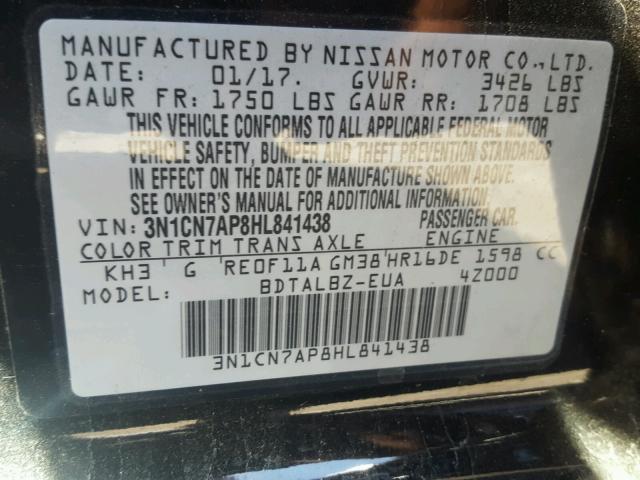 3N1CN7AP8HL841438 - 2017 NISSAN VERSA S BLACK photo 10