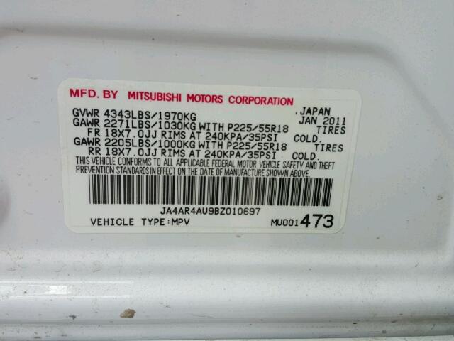 JA4AR4AU9BZ010697 - 2011 MITSUBISHI OUTLANDER WHITE photo 10