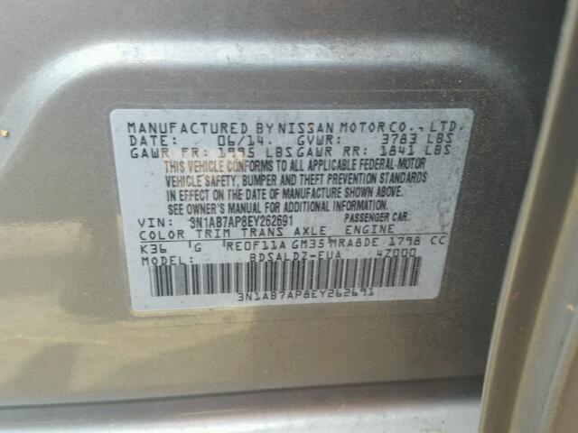 3N1AB7AP8EY262691 - 2014 NISSAN SENTRA S SILVER photo 10