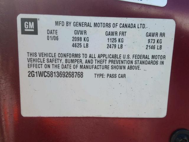 2G1WC581369268768 - 2006 CHEVROLET IMPALA LT MAROON photo 10