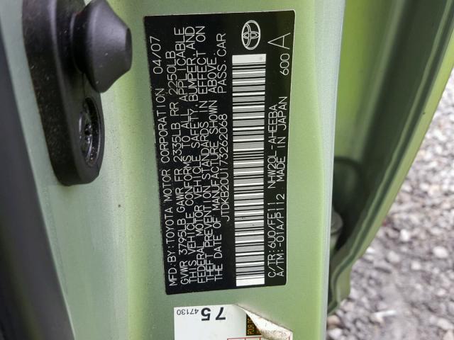 JTDKB20U173262068 - 2007 TOYOTA PRIUS GREEN photo 10