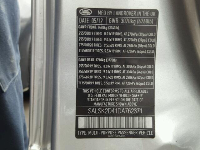 SALSK2D41DA762371 - 2013 LAND ROVER RANGE ROVE SILVER photo 10