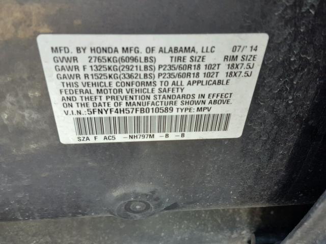 5FNYF4H57FB010589 - 2015 HONDA PILOT EXL GRAY photo 10