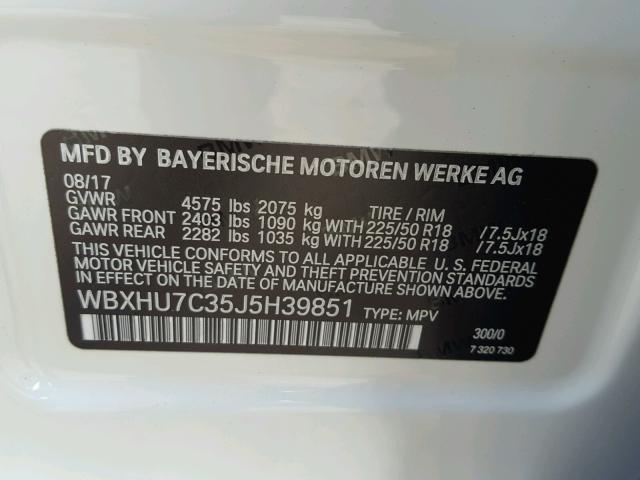 WBXHU7C35J5H39851 - 2018 BMW X1 SDRIVE2 WHITE photo 10