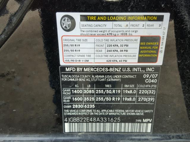 4JGBB22E48A331625 - 2008 MERCEDES-BENZ ML 320 CDI BLACK photo 10