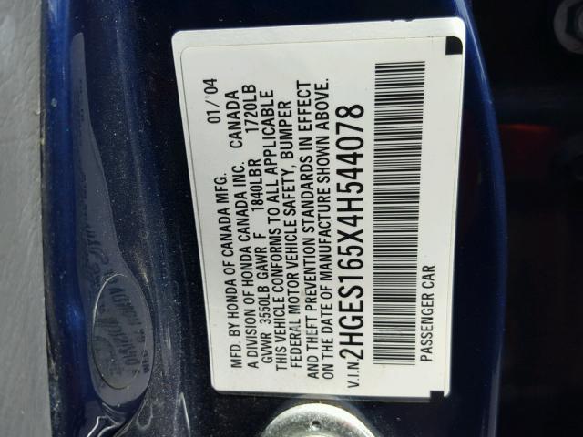 2HGES165X4H544078 - 2004 HONDA CIVIC LX BLUE photo 10