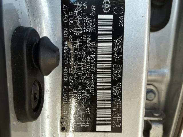 JTDKBRFU2H3047218 - 2017 TOYOTA PRIUS SILVER photo 10