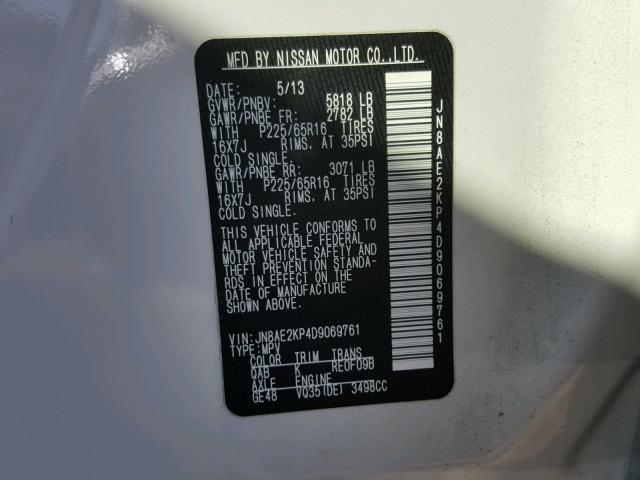 JN8AE2KP4D9069761 - 2013 NISSAN QUEST S WHITE photo 10