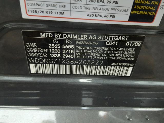 WDDNG71X38A205829 - 2008 MERCEDES-BENZ S 550 GRAY photo 10