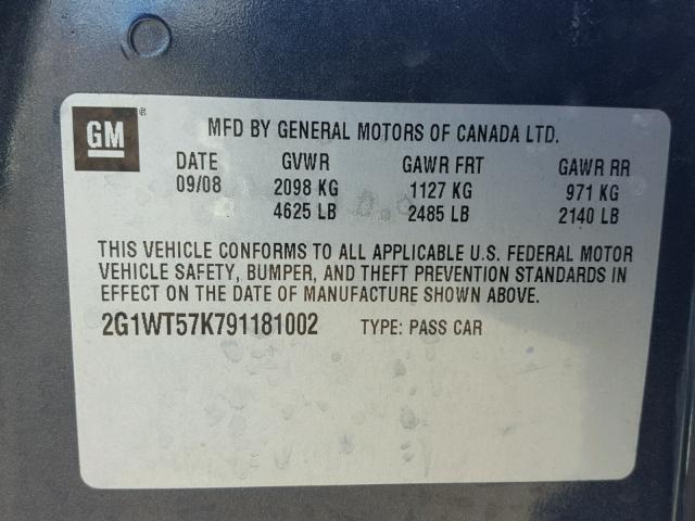 2G1WT57K791181002 - 2009 CHEVROLET IMPALA 1LT GRAY photo 10