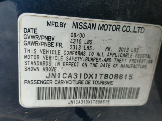 JN1CA31DX1T808615 - 2001 NISSAN MAXIMA GXE BLUE photo 10