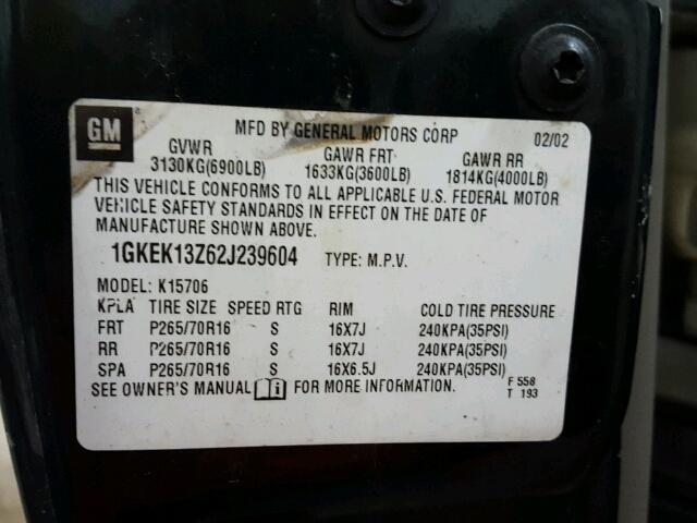 1GKEK13Z62J239604 - 2002 GMC YUKON GREEN photo 10