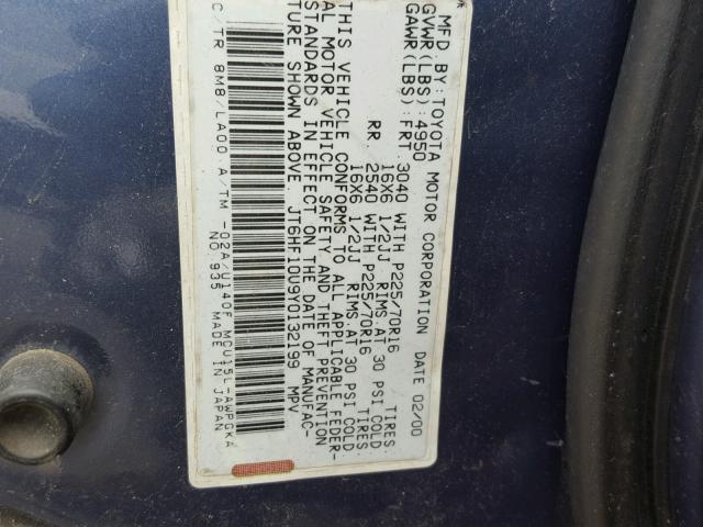 JT6HF10U9Y0132199 - 2000 LEXUS RX 300 BLUE photo 10