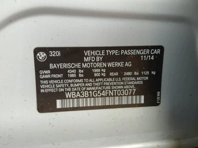 WBA3B1G54FNT03077 - 2015 BMW 320 I SILVER photo 10