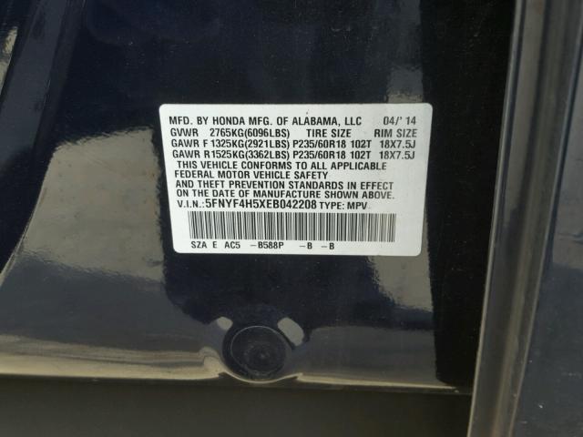 5FNYF4H5XEB042208 - 2014 HONDA PILOT EXL BLUE photo 10