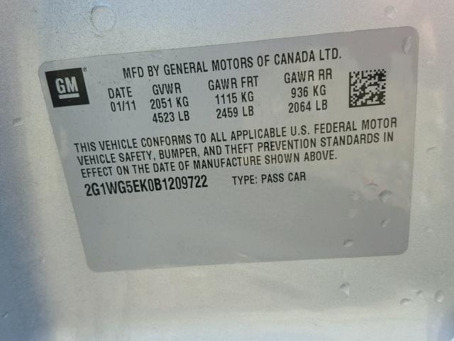 2G1WG5EK0B1209722 - 2011 CHEVROLET IMPALA LT SILVER photo 10